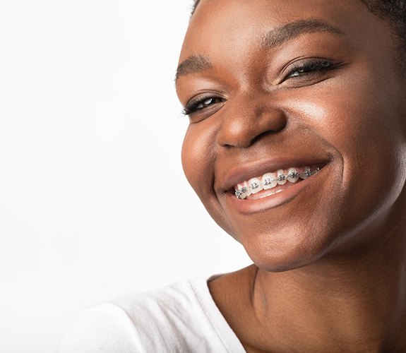 Close-up of a woman with braces in Marion, IN